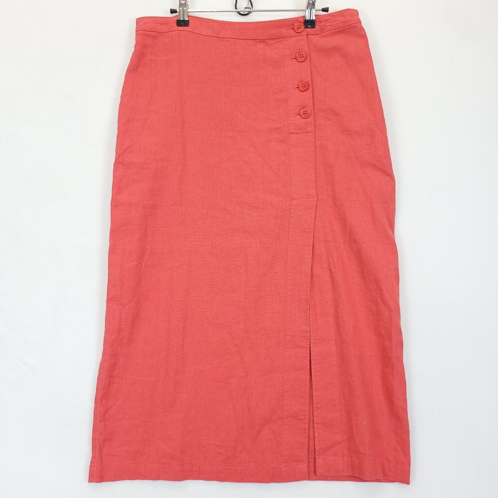 Melrose & Market Midi Skirt‎ Linen Blend Side Button & Long Slit Women 12 Coral